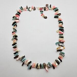 Vintage Mother of Pearl Shell Chip Necklace Pink Teal Grey Iridescent 28 In